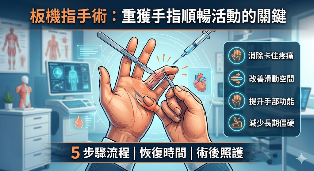 板機指手術主要適用於手指反覆卡住、彈響、疼痛或保守治療效果有限的情況,透過鬆開狹窄腱鞘,協助肌腱恢復較順暢的滑動空間。本文整理板機指手術的適合對象、術前評估、手術流程、恢復期照護與常見疑問,幫助有板機指困擾的人了解就醫前需要注意的重點,並提醒實際治療方式仍需由專業醫師依個人狀況評估。